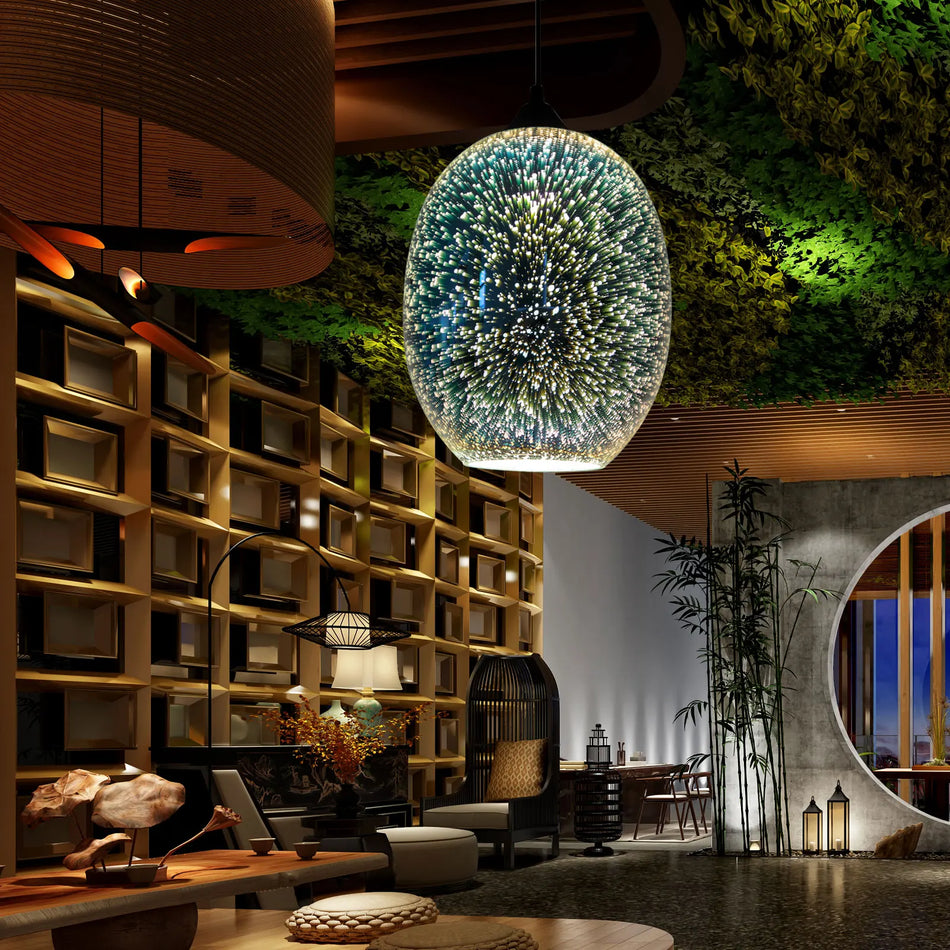 3D Цветен Стъклен Висящ Светилник Фойерверки Овален Полилей