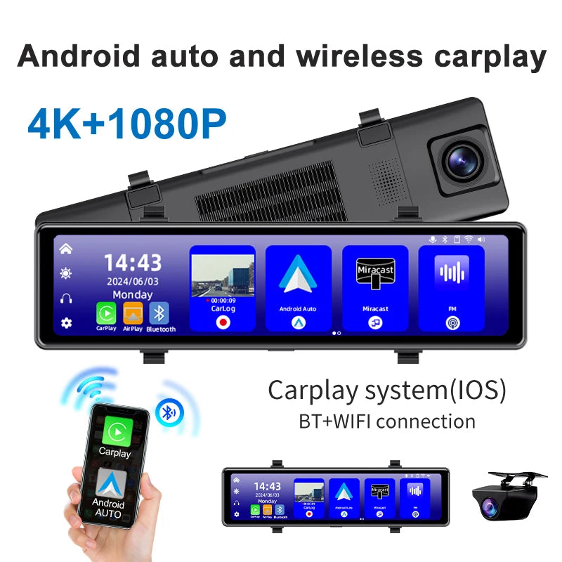 Acceo 4K Dashcam Rearview Mirror Car DVR - Wireless CarPlay