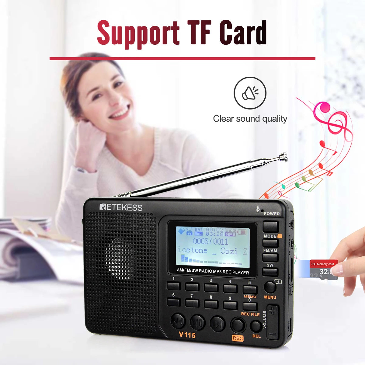 RETEKESS V115 Portable Radio with Rechargeable Battery and AM/FM/SW Function