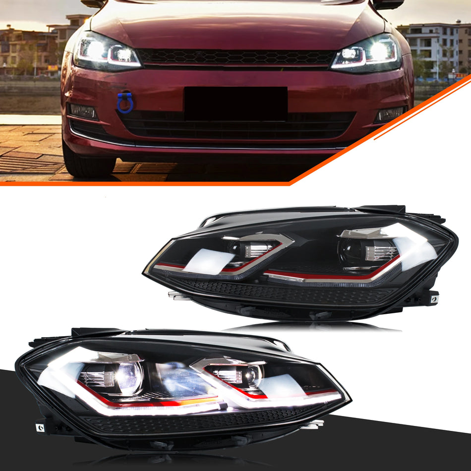 Volkswagen Golf 7 MK7 LED priekšējie lukturi ar secīgu pagrieziena signālu lampām, izgatavoti no izturīgas plastmasas