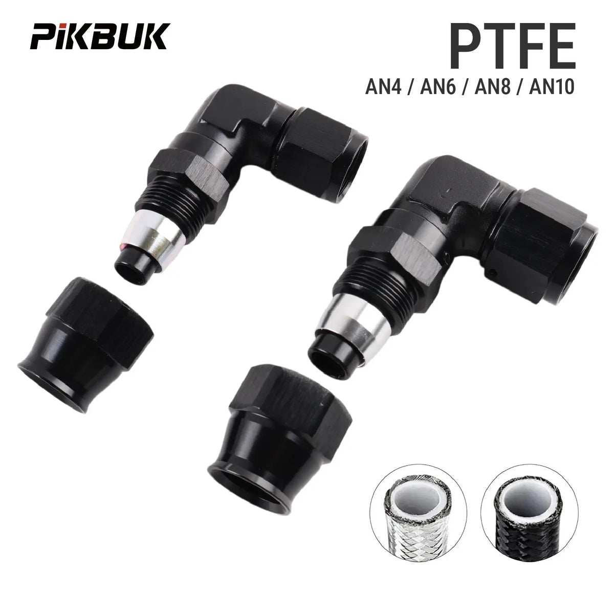 PIKBUK PTFE Oil Fuel Line Swivel Fitting 90 Degree Hose End Adaptor Assembly Kit AN4 6 8 10 Black by InterCyprus Trading Ltd