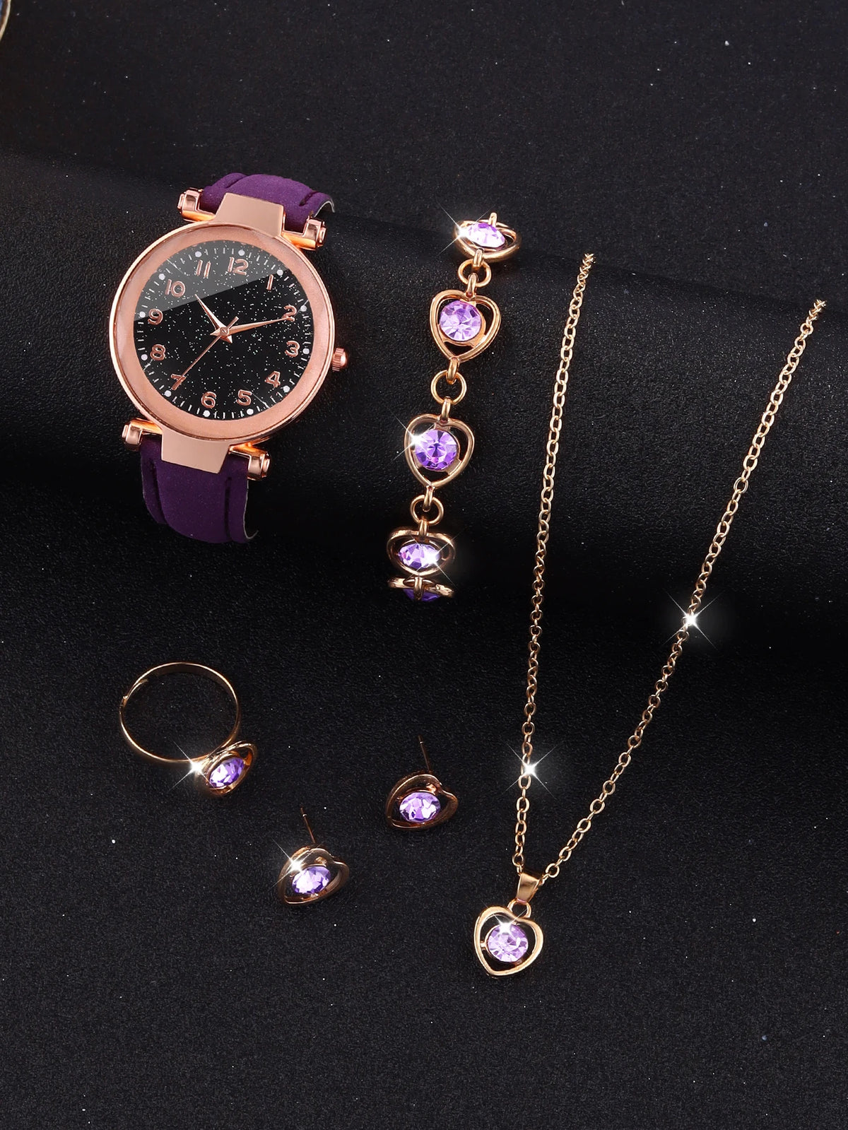 Purple Five-Pointed Star Quartz Watch &amp; Hollow Necklace Set Purple 3