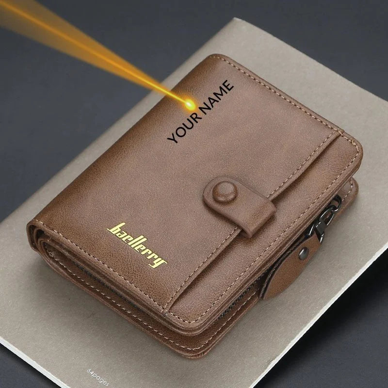 Personalised PU Leather Zipper Coin Pocket Wallet for Men Brown