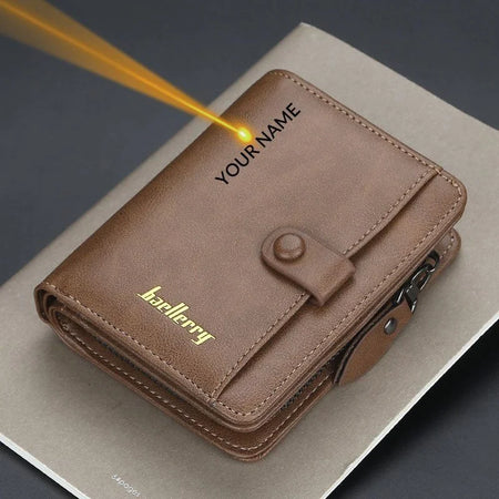 Personalised PU Leather Zipper Coin Pocket Wallet for Men Brown