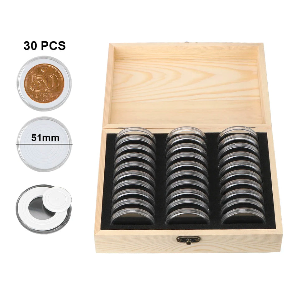Antioxidative Wooden Coin Storage Box With Padding For 20 30 50 And 100 Coins
