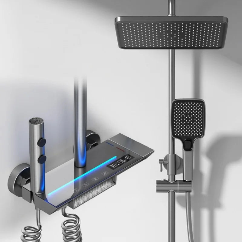 Brass Shower Faucet System With Digital Temperature Display, Wall Mounted, Square Shower Head, Chrome Plated Finish