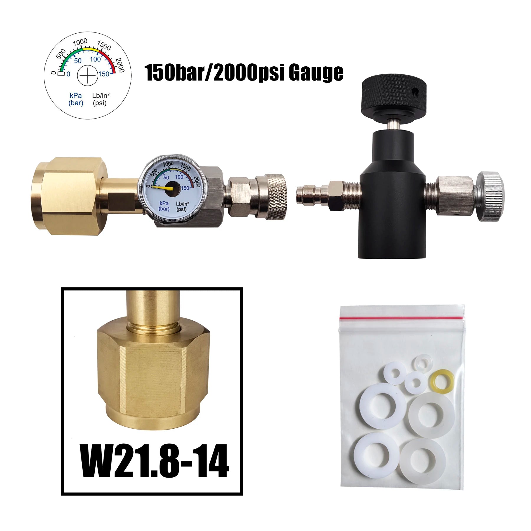 Soda Water Maker Cylinder Refill Adapter &ndash; Universal Threads W21.8-14 with Gauge