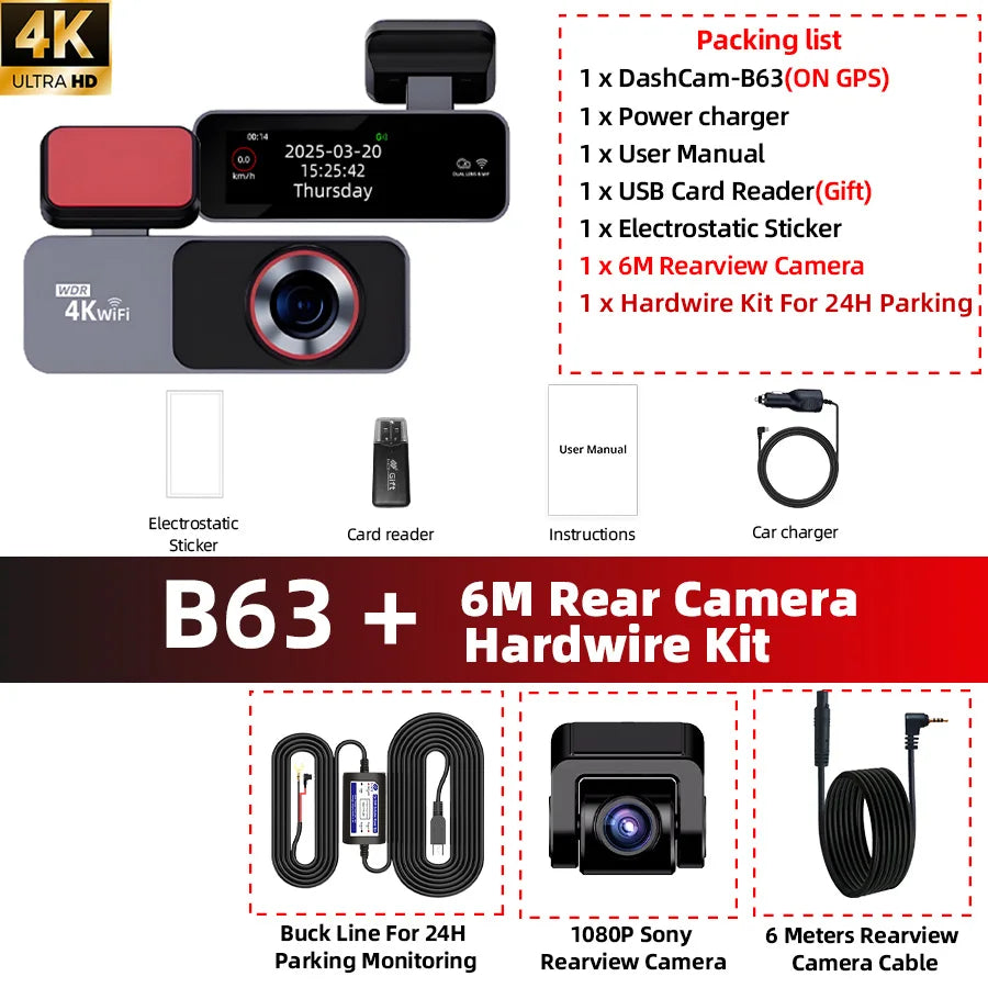 ACCEO B63 4K Dashcam - Night Vision Dual Lens GPS WiFi B63-6M RC-KIT / 64G