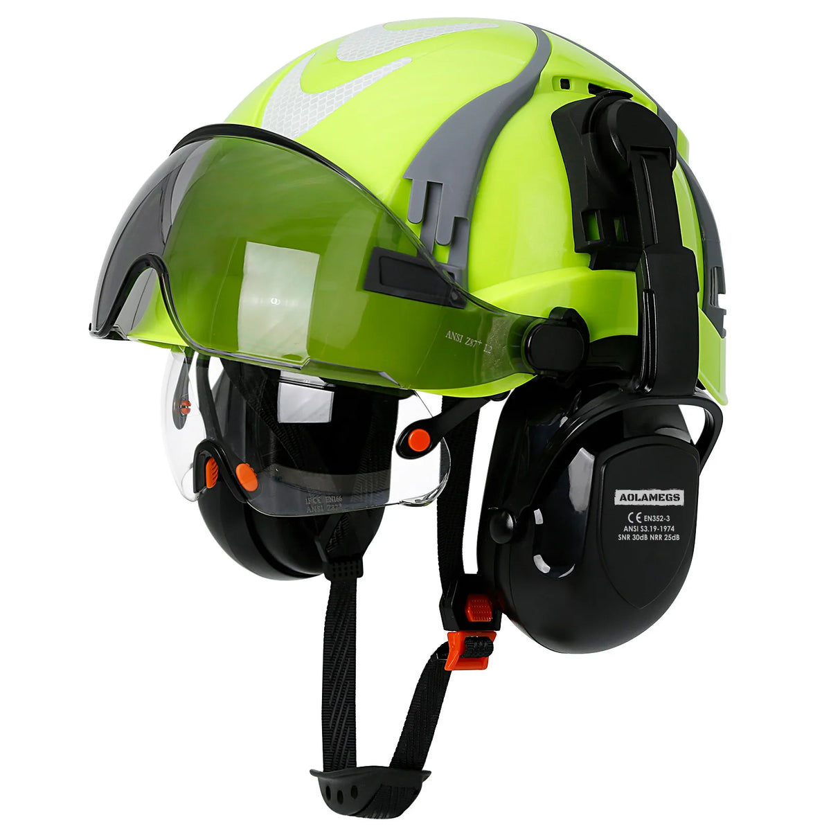 CE Safety Cap With Vent Slots &ndash; Integrated Goggles Earmuffs Green Set A