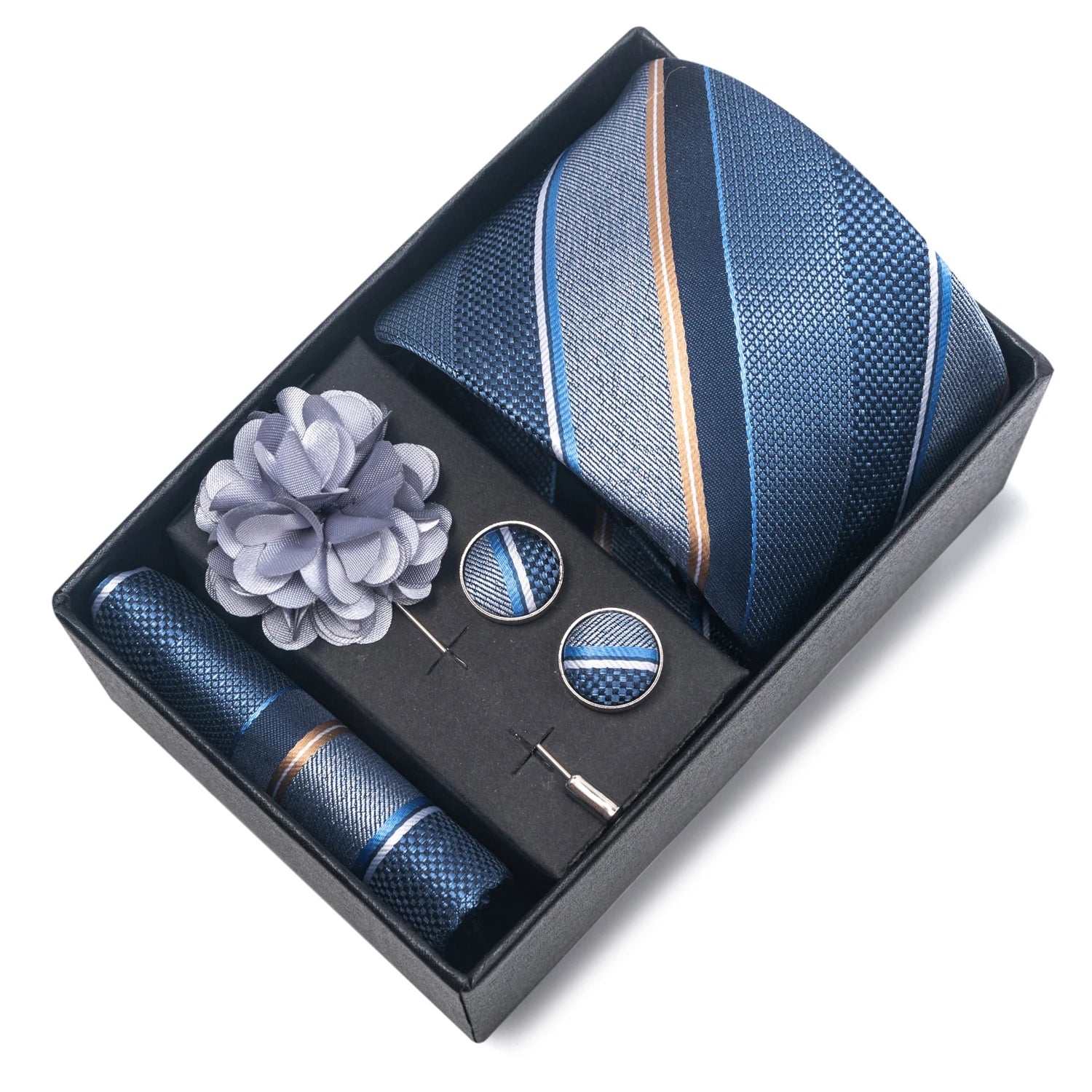 VanGise Red Print Silk Tie Set with Handkerchief and Cufflinks in Gift Box