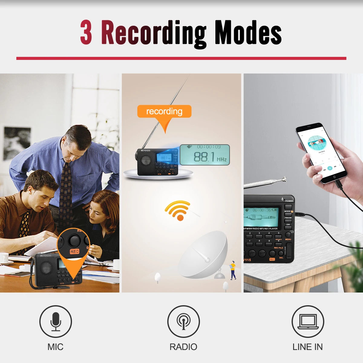 RETEKESS V115 Portable Radio with Rechargeable Battery and AM/FM/SW Function