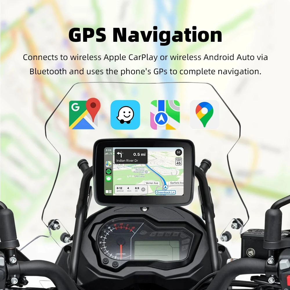 EVKEY 5.0inch Portable Motorcycle Navigation Display Screen &ndash; Wireless CarPlay and Android Auto