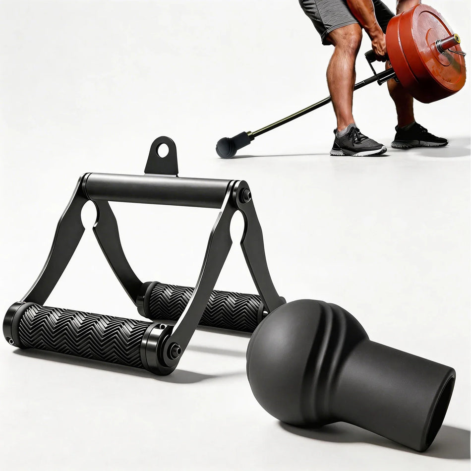Iron V-Bar Row Barbell Handle With Landmine Base Set, Double D, Soft Rubber