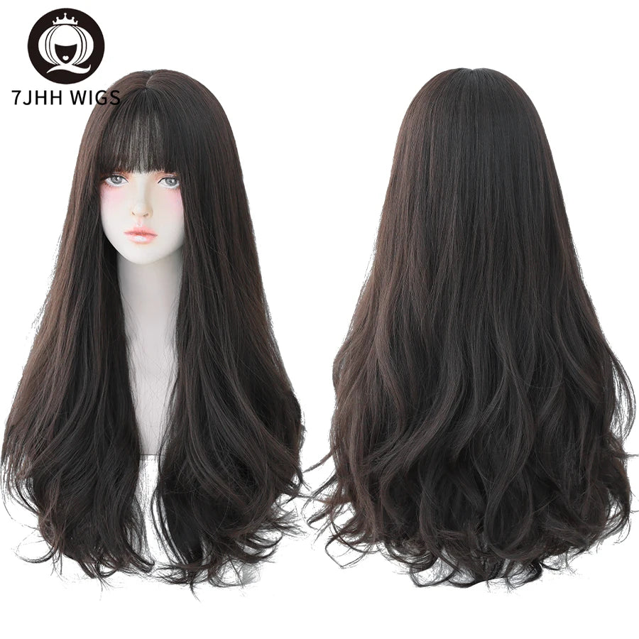 7JHH WIGS Brown Ash Long Deep Wave Wig with Bangs CT33-2