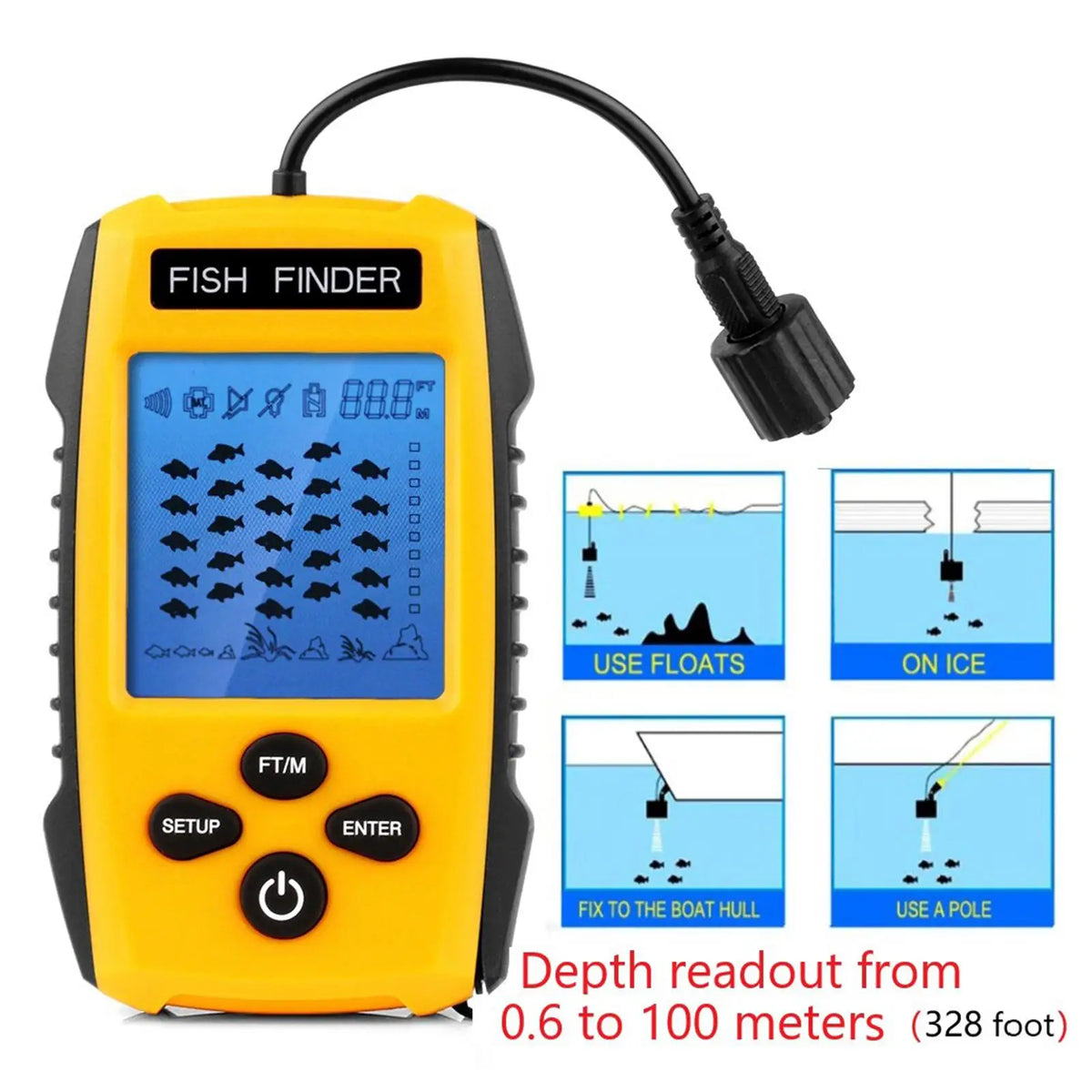 Handheld Fish Finder with LCD Display &amp; Sonar Transducer - 328ft Depth