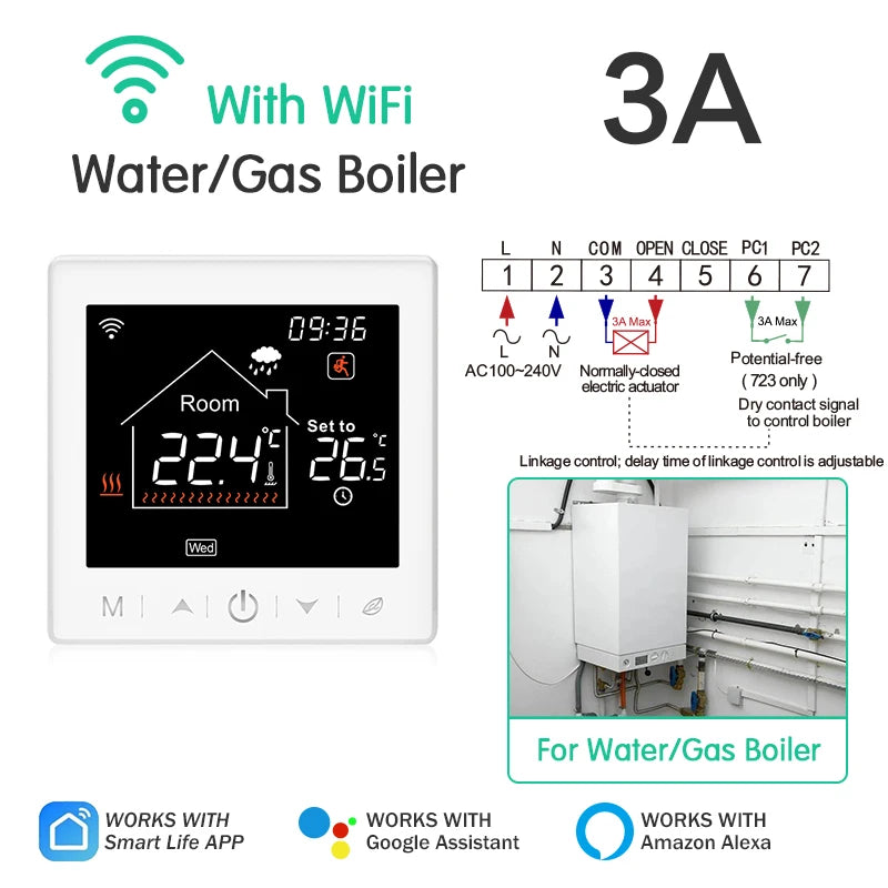 EZAIOT Floor Heating Thermostat &ndash; Tuya WiFi Alexa Ready 3A Boiler White