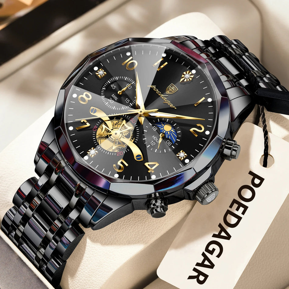 Stainless Steel Chronograph Quartz Men's Watch POEDAGAR Waterproof Luminous