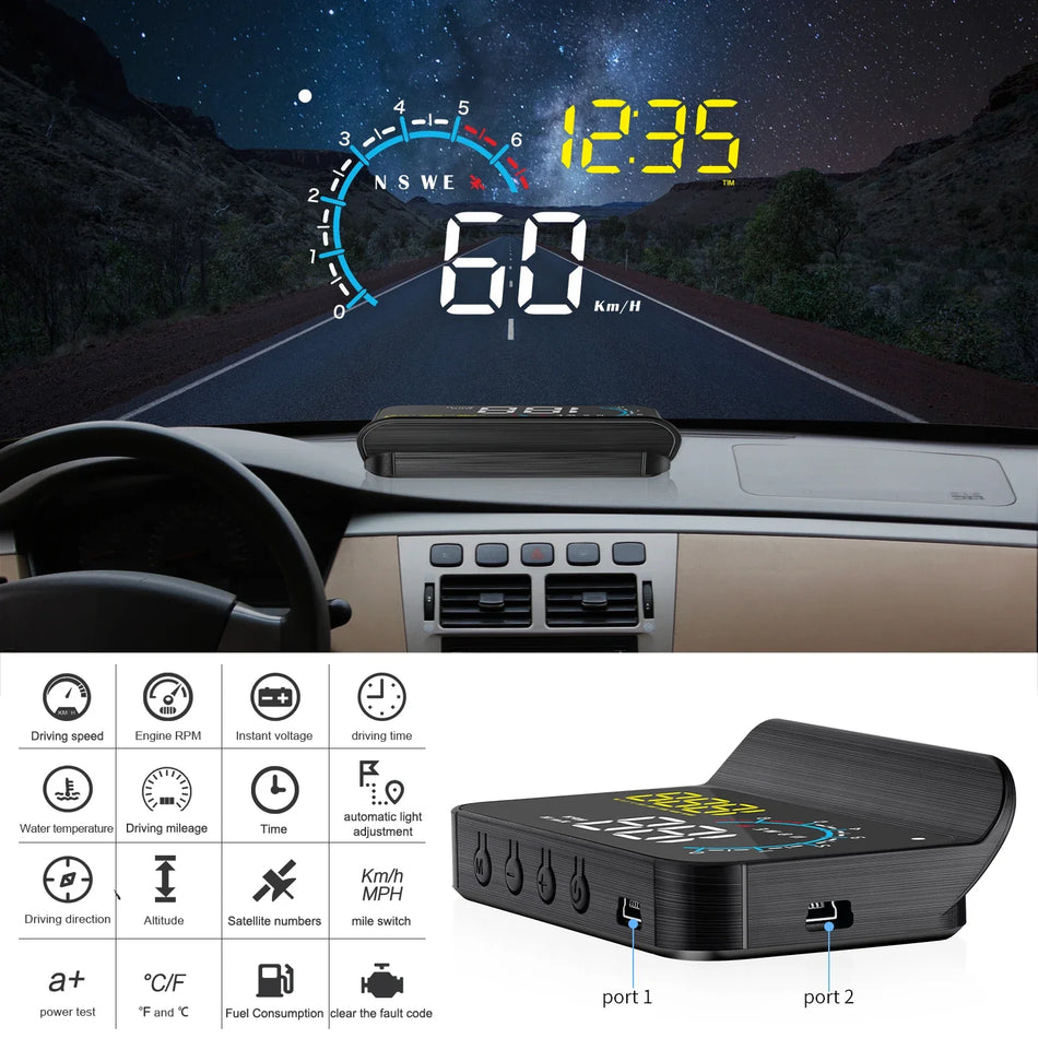 Display Head Up Universale per Auto con OBD GPS, Velocità, Temperatura, RPM, Tensione