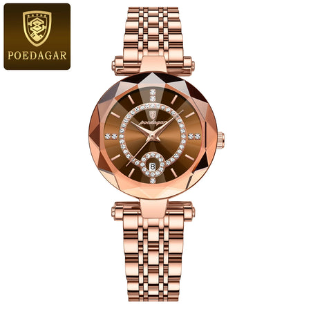 POEDAGAR Women's Luxury Diamond Quartz Watch - Waterproof Stainless Steel Rose Gold Brown