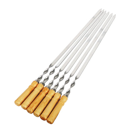 Long Handle Stainless Steel BBQ Skewers with Wooden Grip - 6pcs Set 6 PCS