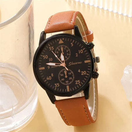 Luxury Brown Leather Quartz Watch with Bracelet Set for Men