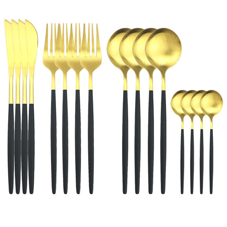 KNGZI 16Pcs Gold Matte Cutlery Set &ndash; Eco-Friendly Stainless Steel Design Black Gold