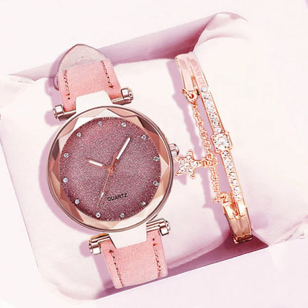 Romantic Starry Sky Leather Bracelet Watch for Women Pink Bracelet