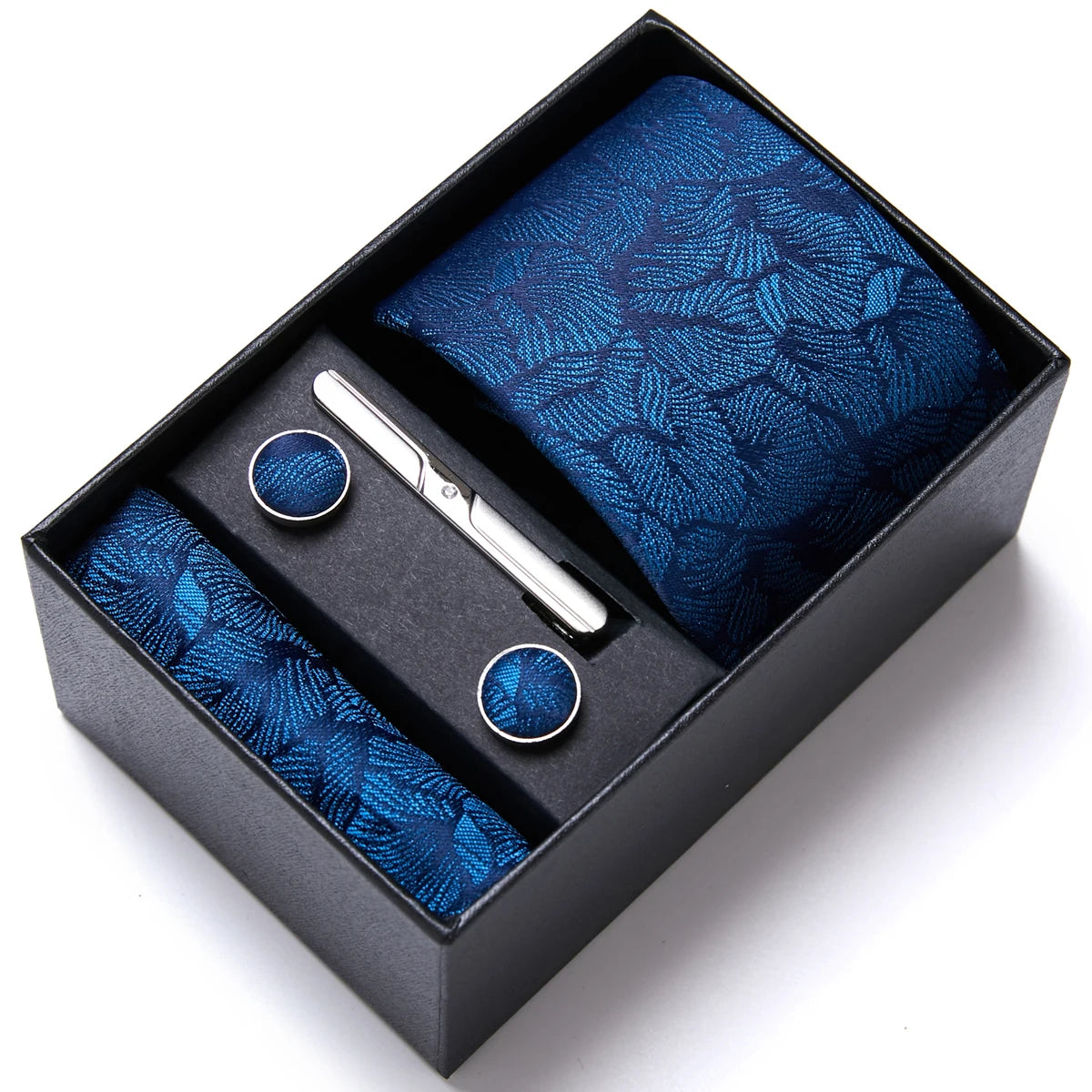 VanGise Blue Striped Necktie Set with Pocket Square and Cufflinks, Perfect for Weddings and Workplace