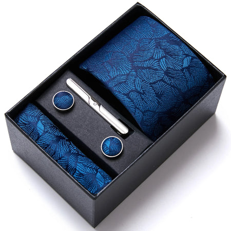 VanGise Blue Striped Necktie Set with Pocket Square and Cufflinks, Perfect for Weddings and Workplace