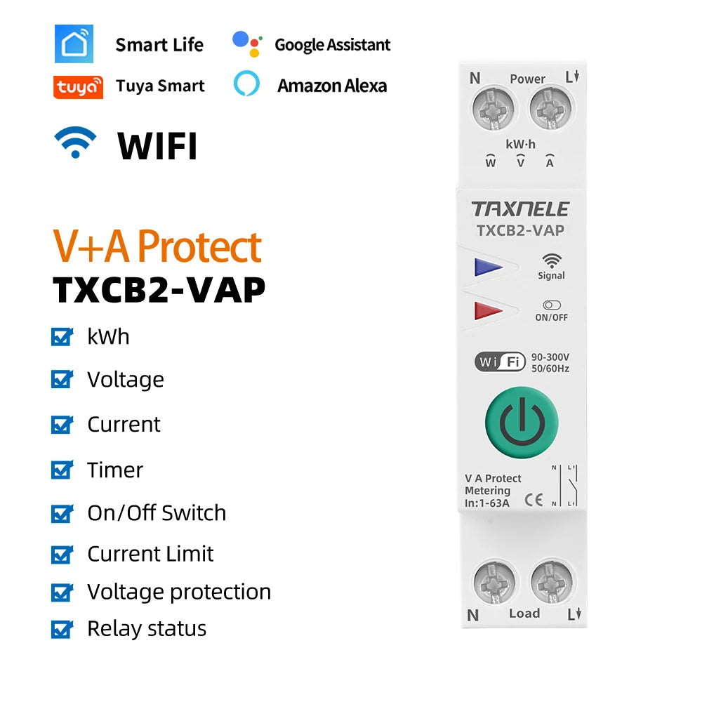 APNEU 63A 1P+N WIFI Smart Switch with Energy Meter &amp; Circuit Protection