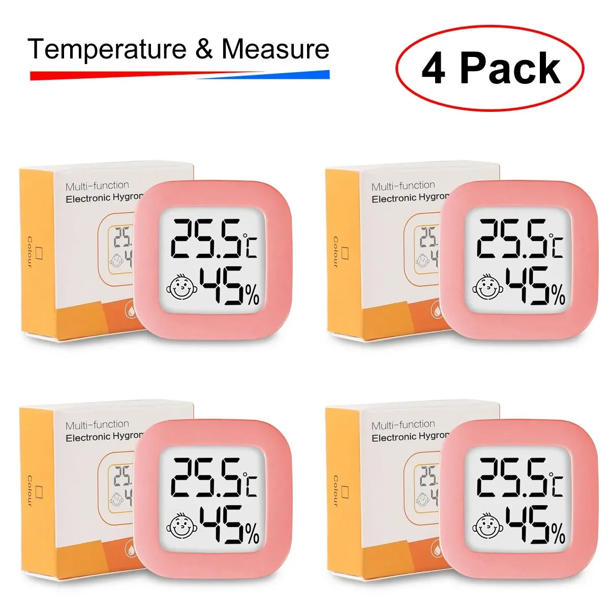 4Pcs Digital Thermometer Hygrometer Set - Wall Hanging LCD 4Pcs Pink