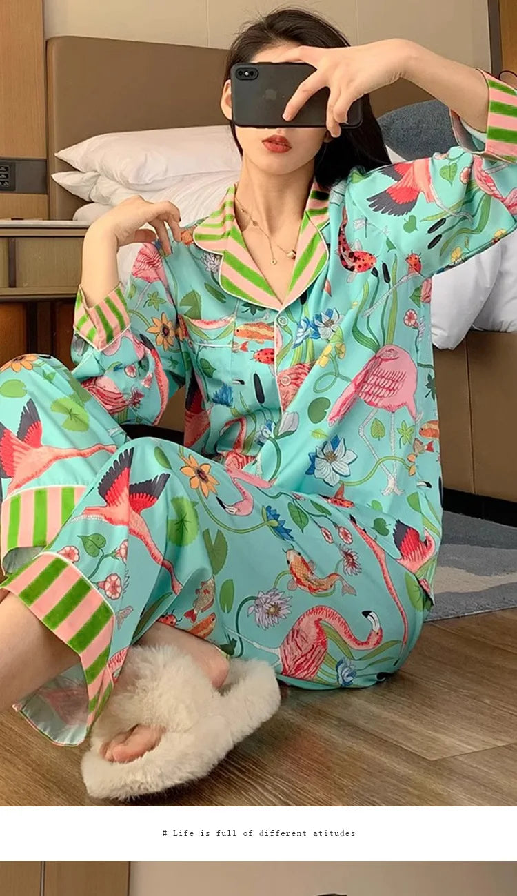 Women's Animal Print Faux Silk Pajama Set - Long Sleeve, 2 Piece Sleepwear