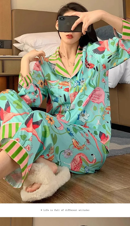 Women's Animal Print Faux Silk Pajama Set - Long Sleeve, 2 Piece Sleepwear