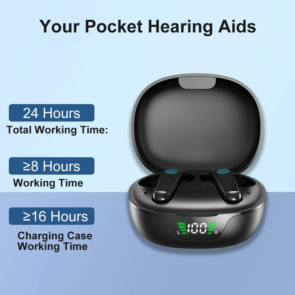 Aparat auditiv Bluetooth cu carcasă de încărcare pentru pierdere auditivă ușoară până la moderată, baterie de 24 de ore