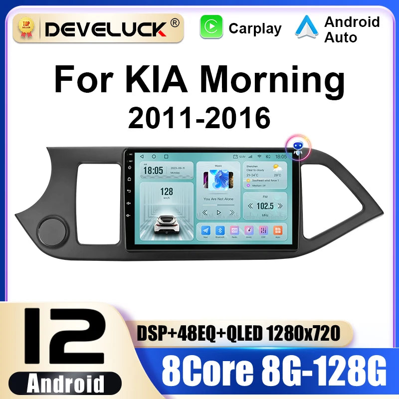 Kia Picanto Morning 2011-2016 9-palcové Android 12 Double-DIN autorádio s GPS a 4G