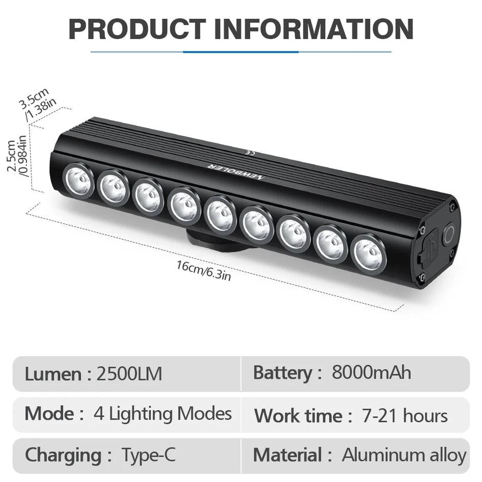 Far de bicicletă NEWBOLER EOS600 2000LM cu carcasă din aliaj de aluminiu, reîncărcabil USB Tip C