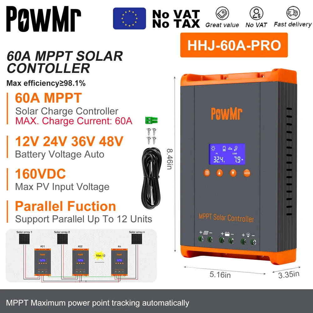 PowMr MPPT Solar Charge Controller &ndash; LCD Display, 12V-48V