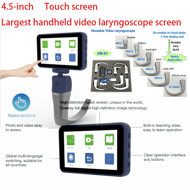 4.5 Ekran Dotykowy Wideo Laryngoskop Sterylizowalne Ostrza