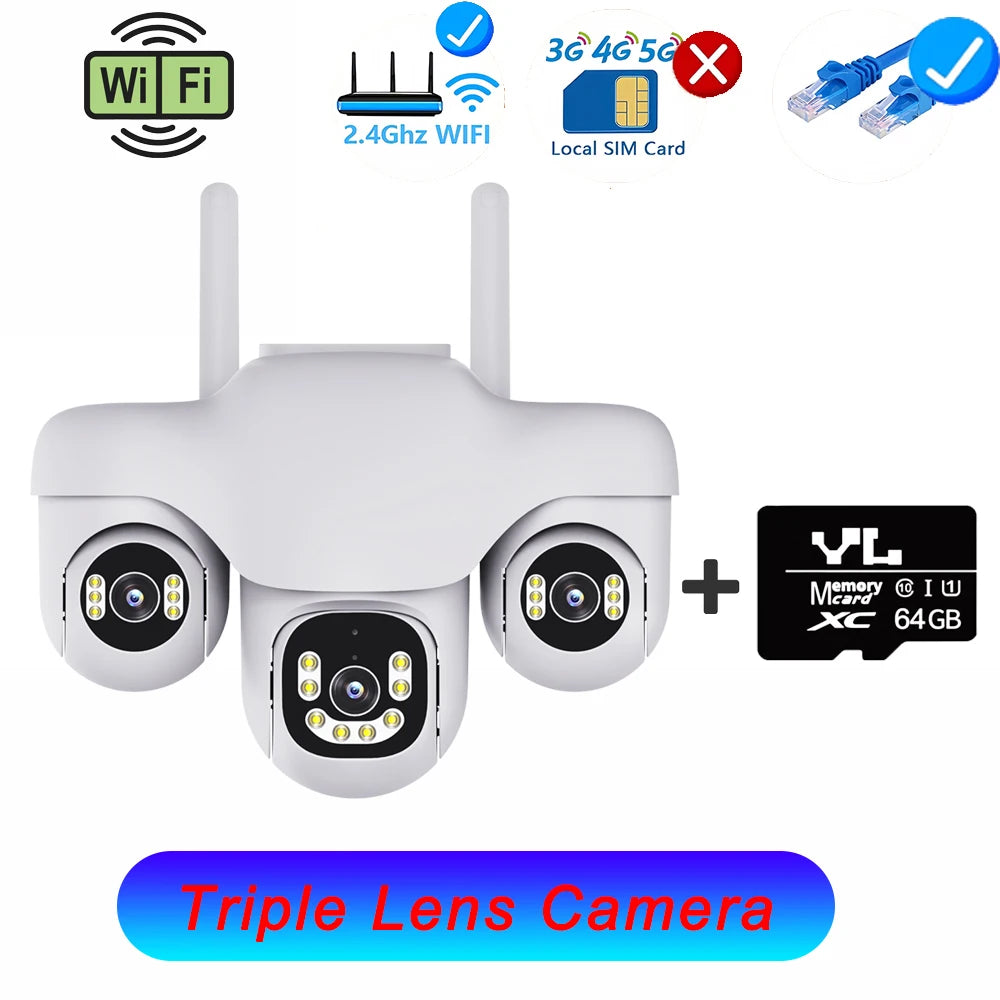 15MP WiFi Camera Outdoor HD Three Lens Three Screen PTZ IP Cam Human Auto Tracking Waterproof Smart Security Surveillance CCTV WIFI Cam 64G Card / AU Plug
