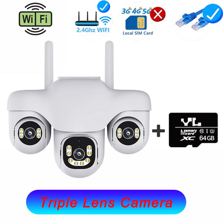 15MP WiFi Camera Outdoor HD Three Lens Three Screen PTZ IP Cam Human Auto Tracking Waterproof Smart Security Surveillance CCTV WIFI Cam 64G Card / AU Plug