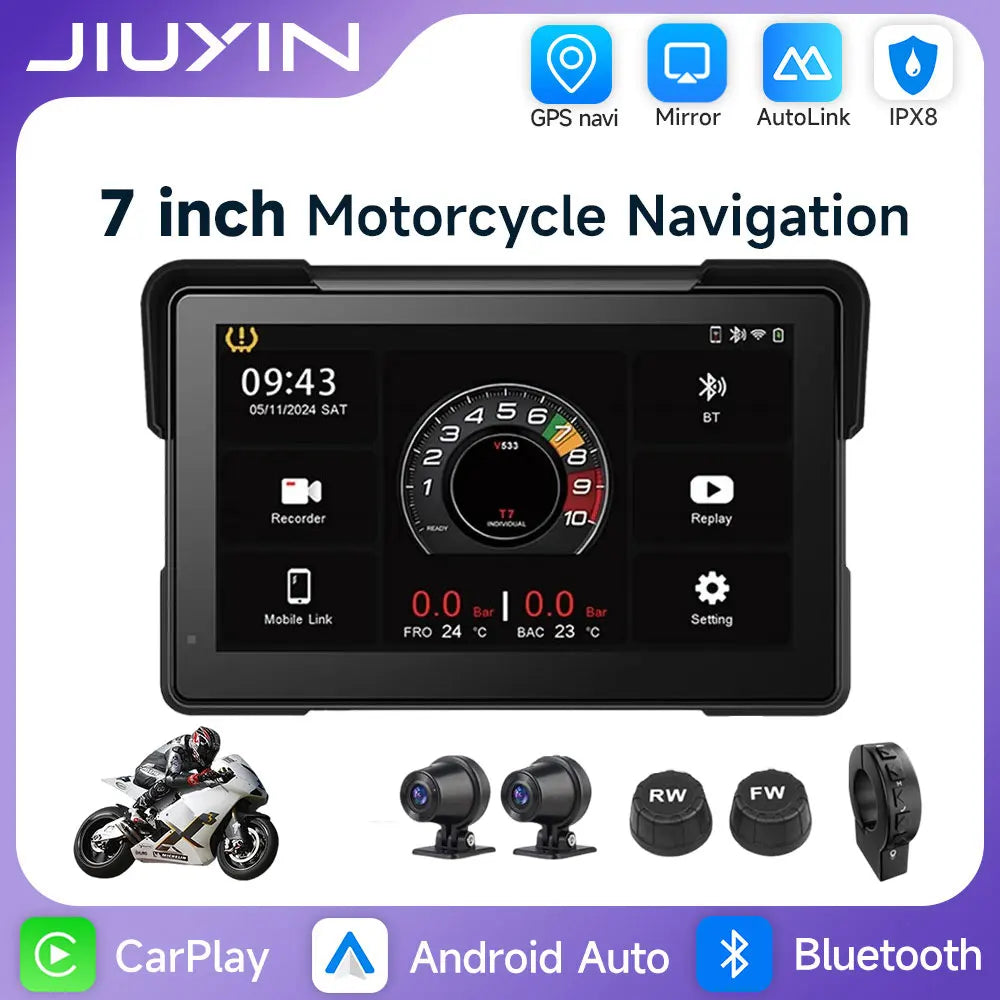 JIUYIN 7 Inch Motorcycle GPS &ndash; IP67 Waterproof Touch Screen with Wireless CarPlay and Android Auto