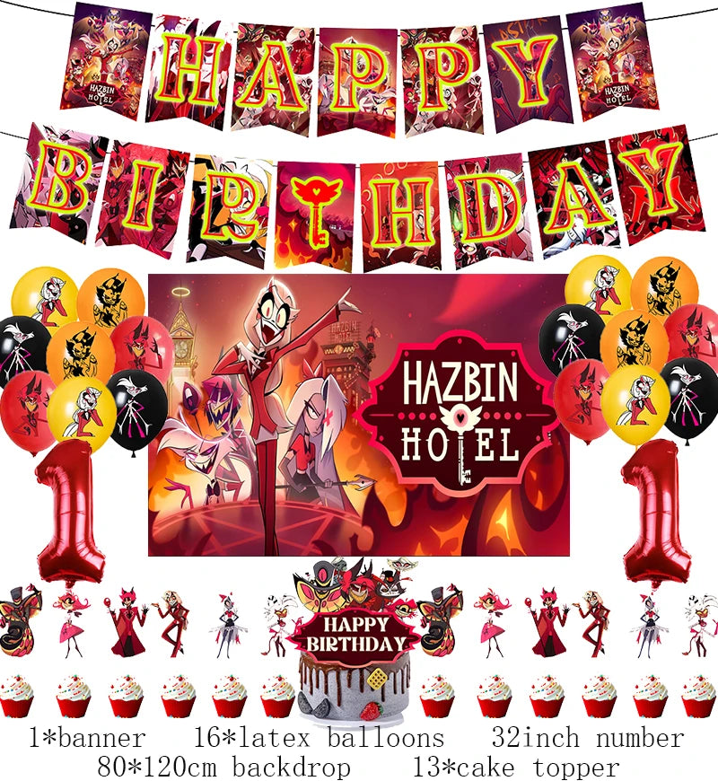 Hazbined Birthday Party Decoration Set with Balloons, Banner, and Cake Topper 1set D11 / Other / CHINA