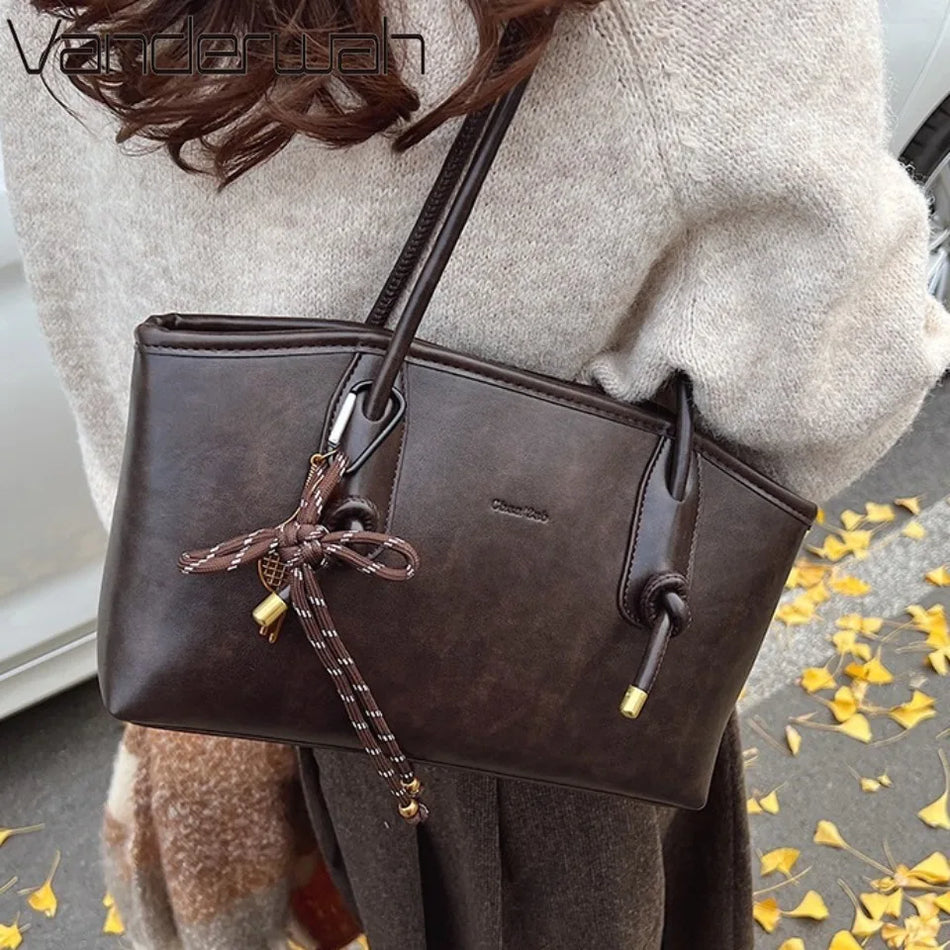 Winter PU Leather Shoulder Bag for Women, Y2K Crossbody with Zipper, Tassel, Polyester Lined