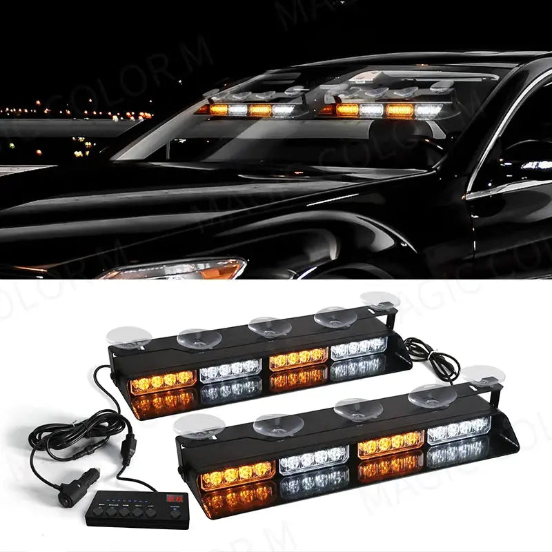 2-in-1 32 LED Car Strobe Lights For Emergency Flash Warning Lamp Windshield Bar Red Blue Amber White Waterproof Auto Assembly by InterCyprus Trading Ltd