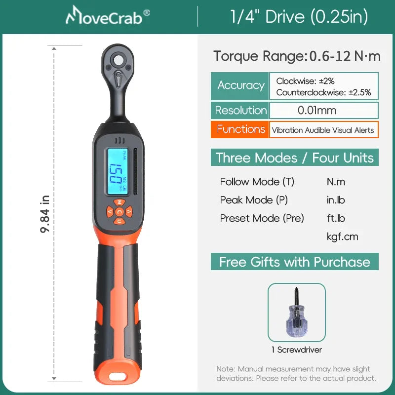 MOVECRAB Digital Torque Wrench 1.5-340N.m &ndash; High Precision with Buzzer and LED Notification 0.6-12N.m-vibration
