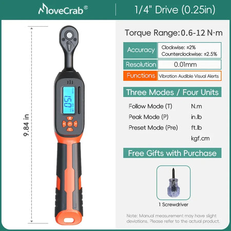 MOVECRAB Digital Torque Wrench 1.5-340N.m &ndash; High Precision with Buzzer and LED Notification 0.6-12N.m-vibration