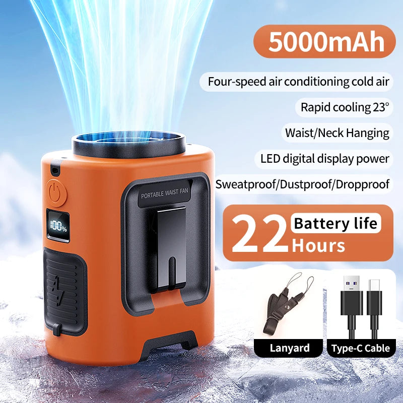 Outdoor Portable Waist Fan &ndash; Strong Airflow and LED Lighting 5000mAh Orange