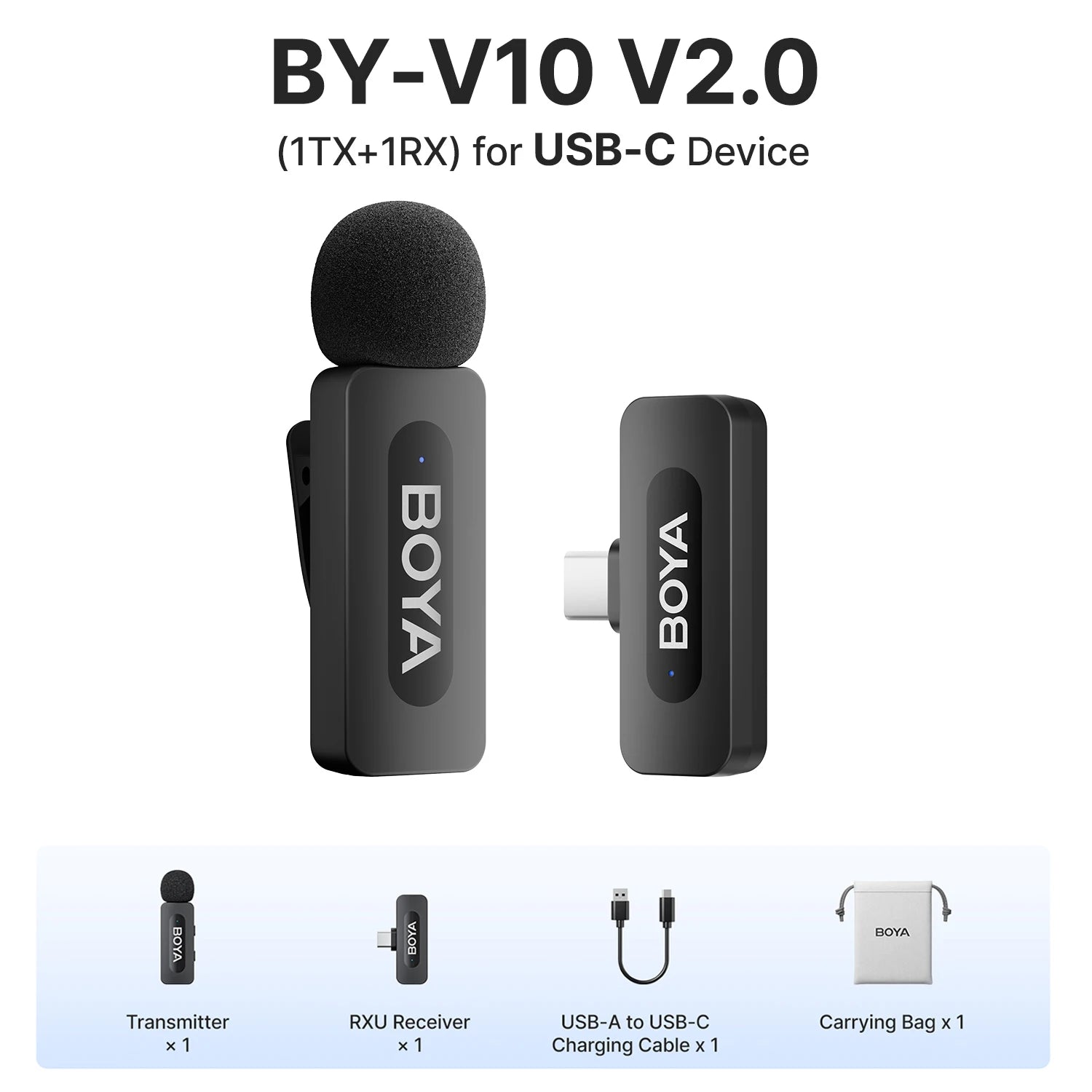 BOYA BY-V3 Wireless Lavalier Microphone with Noise-Cancelling for Superior Audio Recording BY-V10 2.0--Type-c