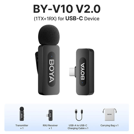 BOYA BY-V3 Wireless Lavalier Microphone with Noise-Cancelling for Superior Audio Recording BY-V10 2.0--Type-c