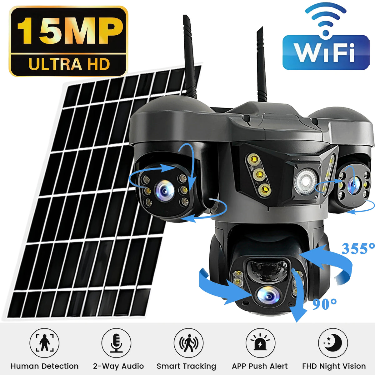 15MP Solar Camera Triple Lens Triple Screen Two-Way Audio Outdoor IP66 Waterproof HD Security CCTV WIFI Wireless Network Camera
